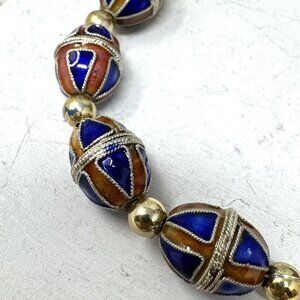 Vintage Silver & Enamel Beads With Intricate Blue & Orange Design 15 mm